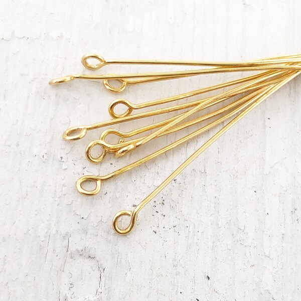 3" Eyepins Gold Solid Brass 20g, Extra Long, Handmade Gold Color Raw Brass Eye Pins - 20 pieces, Loops Findings