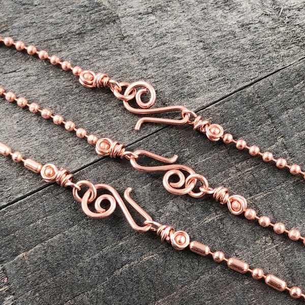 Collier en cuivre véritable, chaîne de perles de 2,4 mm avec fermoir artisanal, crochet de chaîne à billes enroulé à la main