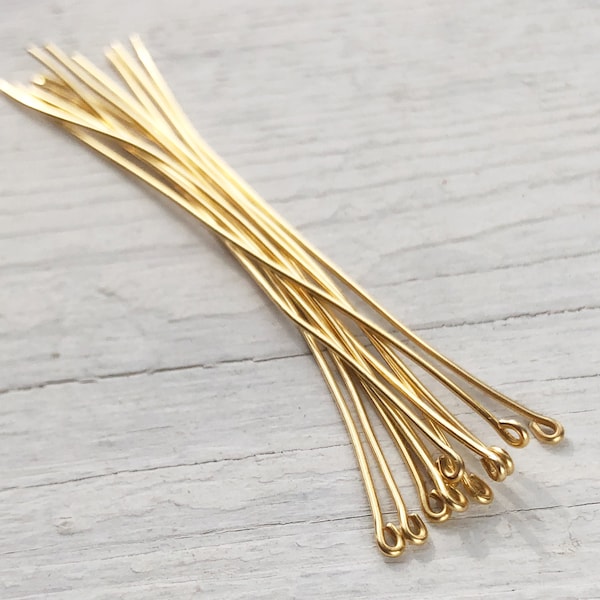 3" Gold Solid Brass 20g Headpins, Extra Long, Handmade Gold Color Raw Head Pins - 20 pieces, Findings