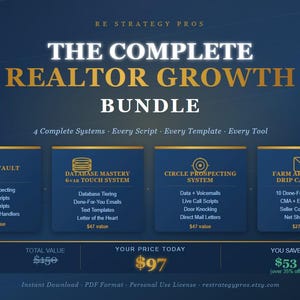 May include: A navy blue graphic with gold text promoting a realtor growth bundle. The text reads "The Complete Realtor Growth Bundle" with details on four systems, including script vault and database mastery. The total value is $450.