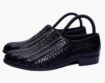 Handwoven Black Leather Oxford Shoes for Men – Elegant Braided Lace-Up Dress Shoes