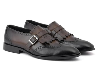 Handmade Leather Monk Strap Shoes: Two-Tone Fringe Brogue Oxfords