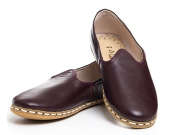 Handmade Burgundy Leather Slip On Shoes, Turkish Yemeni Loafers, Men's Flat Footwear