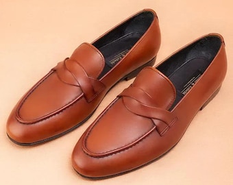 Men’s Tan Leather Penny Loafers – Handmade Slip-On Formal Dress Shoes