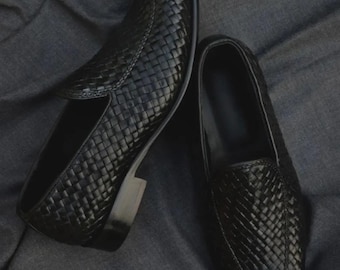 Handmade Men’s Black Woven Leather Loafers | Luxury Slip-On Shoes | Formal & Casual Wear
