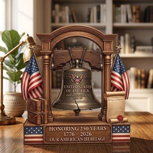 May include: A decorative wooden-style display featuring a bronze-coloured Liberty Bell with a crack, inscribed with UNITED STATES OF AMERICA, FREEDOM & LIBERTY, JULY 4TH. It includes two American flags, books, a scroll, and a base reading HONORING 250 YEARS 1776-2026 OUR AMERICAN HERITAGE.
