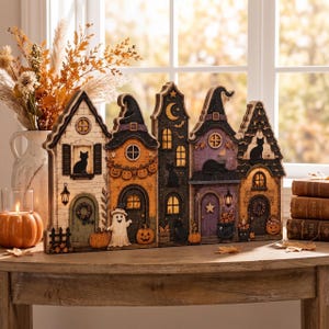 Spooky Witch House Village Halloween Tabletop Decor, Cute Haunted House Self Standing Wood Block, Flat Printed Witchy Shelf Sitter