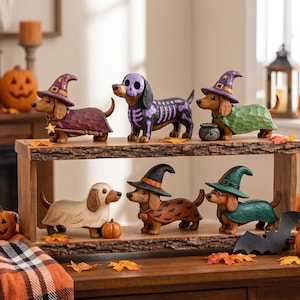 May include: Six decorative dachshund figurines arranged on a two-tier wooden shelf. The dogs are dressed in Halloween costumes, including witch hats, capes, and a skeleton suit. Each figurine features detailed textures and painted accents in various colors.