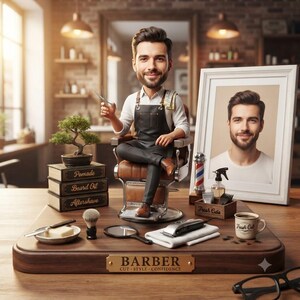 Custom Barber Bobblehead, Personalized Hairstylist Statue, Custom Caricature Figurine from Photo, Barber Shop Gift, Salon Desk Decor
