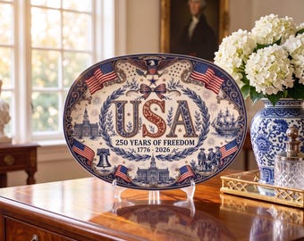 USA 250th Anniversary Decorative Platter, 1776-2026 Semiquincentennial Display Plate, Patriotic Historical Home Decor