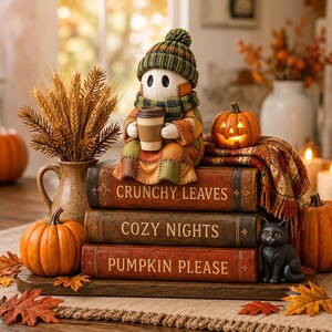 Decorazioni autunnali con pila di libri, statuetta di fantasma con caffè, decorazioni autunnali per notti accoglienti, accento rustico per libreria di Halloween, vassoio a più livelli con libri autunnali in legno