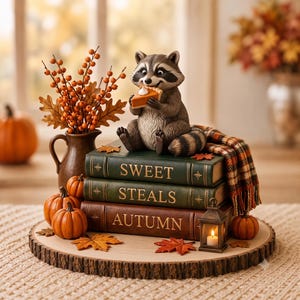 Gezellige herfstdecoratie met houten blokken, etagère met herfstthema en stapel boeken, schattig Halloween-souvenir voor op het bureau, griezelige capibara vos spookkat decoratie