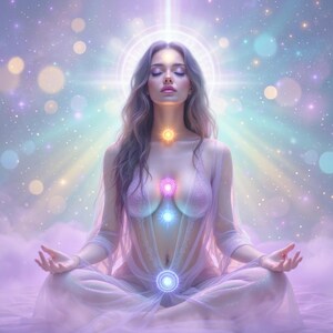May include: A serene image of a person meditating, surrounded by a soft, ethereal glow. The figure is adorned with colorful, glowing chakra symbols. The background features a dreamy, pastel-colored sky with sparkling lights, evoking a sense of peace and spirituality.