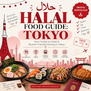 Op de afbeelding: Een digitale gids getiteld Halal Food Guide: Tokyo, met rode en witte afbeeldingen van de Tokyo Tower, de berg Fuji en Japanse bezienswaardigheden. De gids bevat iconen voor restaurants, gebieden, stations en kaarten, naast afbeeldingen van ramen, sushi, takoyaki en curry.