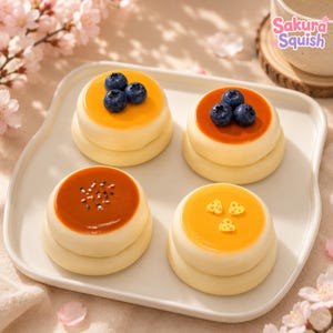 Può includere: Quattro giocattoli squishy rotondi color crema disposti su un piatto quadrato bianco. Due sono guarniti con mirtilli, uno con semi di sesamo su una glassa marrone e uno con zuccherini gialli a forma di cuore. Il testo Sakura Squish è visibile.