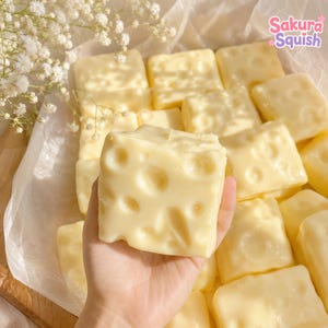 Può includere: Una collezione di giocattoli morbidi di colore giallo pallido, di forma quadrata, che ricordano blocchi di formaggio svizzero con rientranze circolari. Un blocco è tenuto in primo piano, mentre altri sono disposti dietro. Il testo Sakura Squish è visibile.