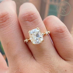 Old Mine Cut Ring, 3CT Cushion Vintage Diamond 14K Solid Gold Accent Bubble Band  Engagement Ring For Her, Lab Diamond Ring, Solitaire Ring
