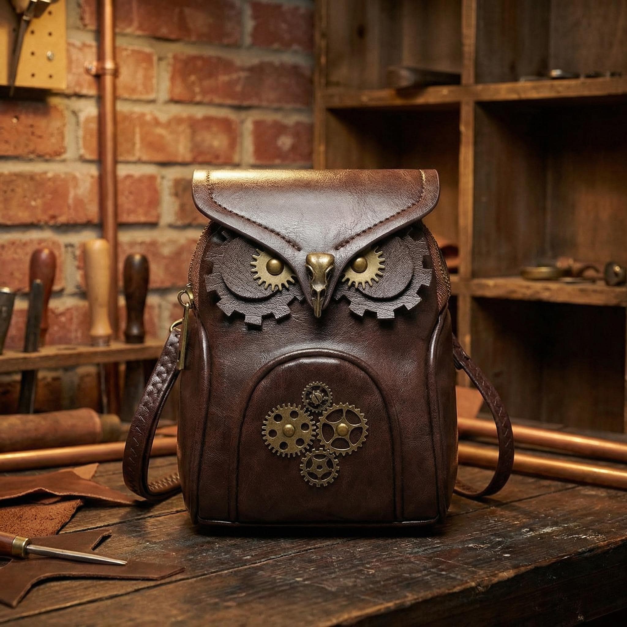 Steampunk Owl Crossbody Bag, Vintage Clockwork Gear Shoulder Purse, Brown Vegan Leather Bird Messeng