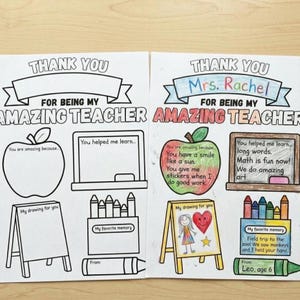 May include: A teacher appreciation coloring book spread with the text "Thank You For Being My Amazing Teacher." Includes apple, easel, and crayon illustrations, with space for student drawings and messages.