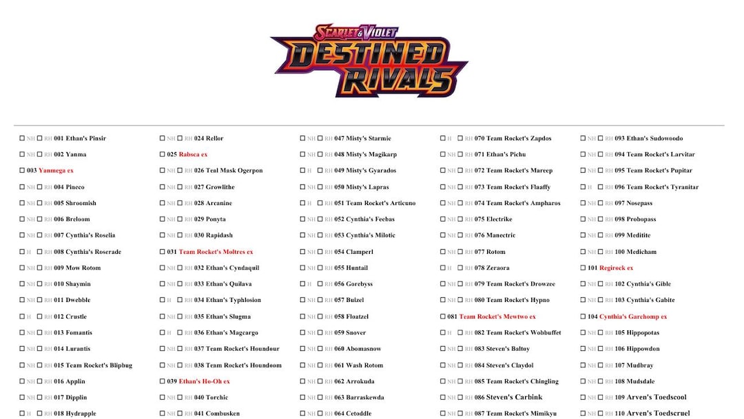 Kaye Rivals Printable Destined Rivals Master Set Checklist Printable PDF | Pokémon Card ...