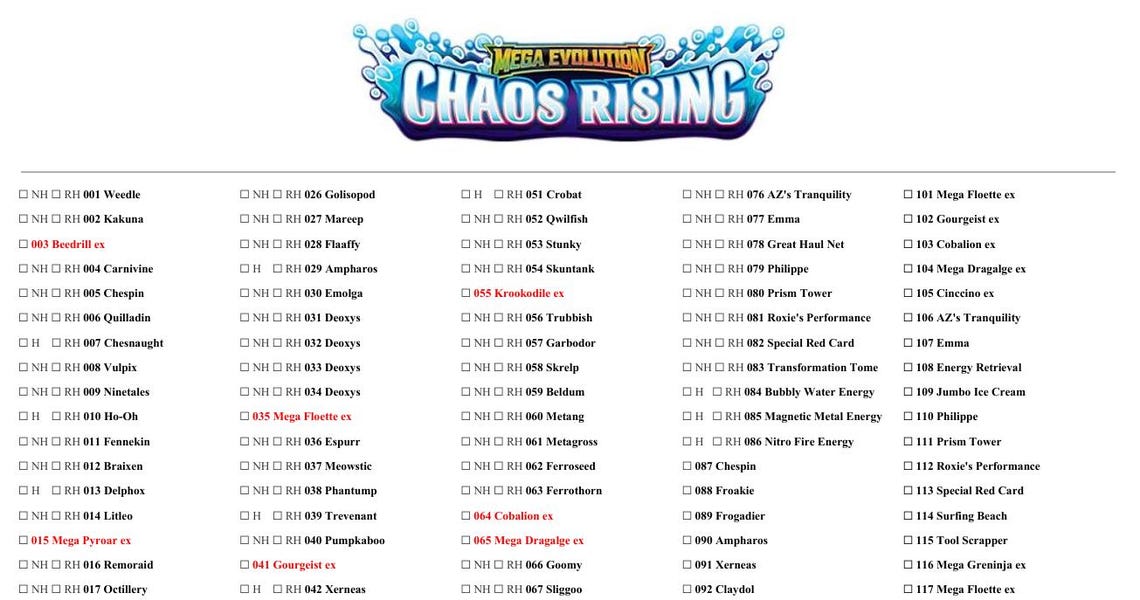 Chaos Rising Master Set Checklist Printable PDF | Pokémon Card Tracker ...