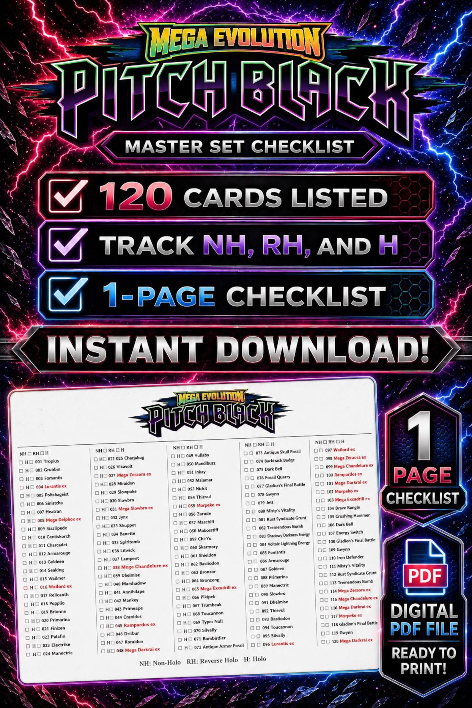 Pokémon Pitch Black Master Set Checklist PDF | Printable Card Tracker ...