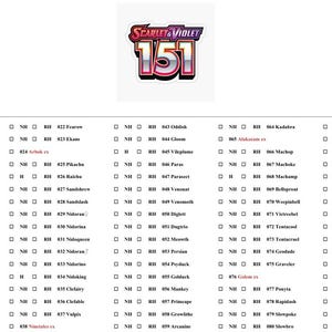 Op de afbeelding: Een wit vel met een lijst van Pokémon-namen en -nummers. De titel "Scarlet & Violet 151" staat bovenaan. De lijst bevat namen als Bulbasaur, Ivysaur en Venusaur, met selectievakjes ernaast.