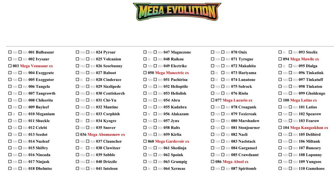Pokémon Mega Evolution Master Set Checklist | NH RH H Tracker ...