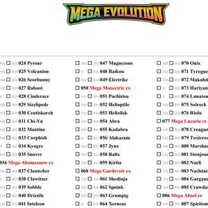 May include: A list of Pokémon cards with the "Mega Evolution" logo at the top. The list includes various Pokémon names and numbers, with some highlighted in red. The cards are organized in a grid format.
