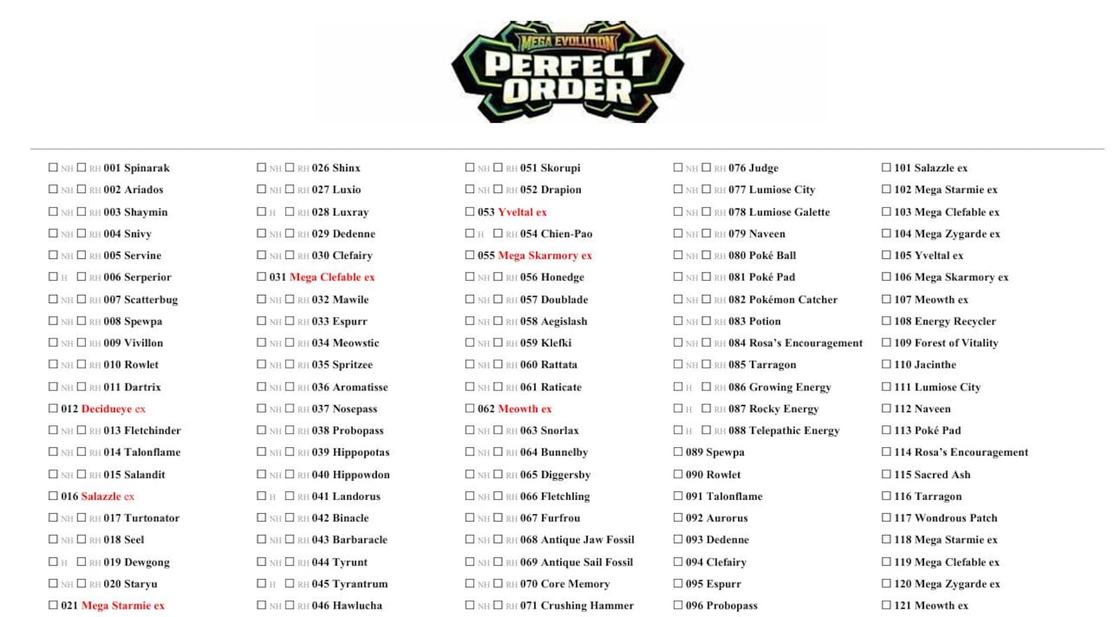 Perfect Order Setlist Pokemon Perfect Order Master Set List + Binder Placeholders PDF Digital ...