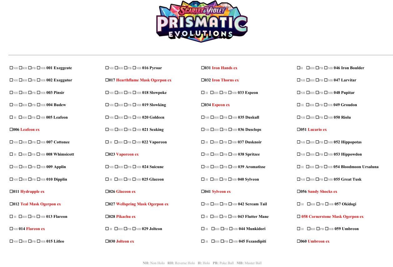Prismatic Evolutions Master Set Checklist Printable PDF | Pokémon Card ...