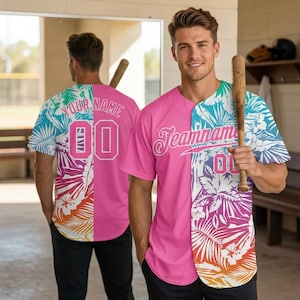 Custom Rainbow Floral Baseball Jersey, Personalized Split-Side Tropical Aloha Shirt, Custom Team Name and Number, Summer Beach Vibe