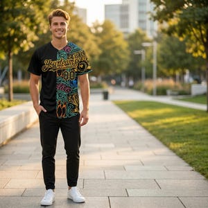 May include: Black bowling jersey with a colorful design on the right side and the text "Yourteam's" in gold. The jersey has a V-neck and short sleeves. The person is wearing black pants and white sneakers.
