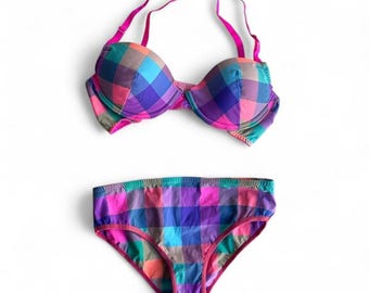 Conjunto de lencería La Senza Deadstock Y2K, sujetador y bikini a cuadros metálicos, tallas 32A y 32B.