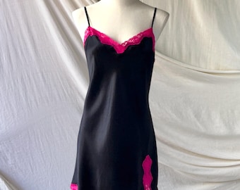 Y2K Vintage Victoria's Secret babydoll black and pink satin slip dress.
