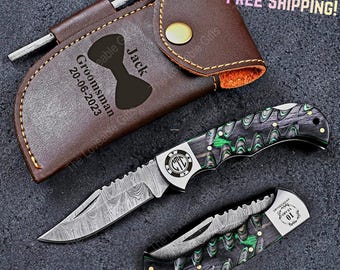 Personalized Pocket Folding Knife Custom Unique Gifts for Husband Handmade Damascus Knife Wedding Present Groomsmen Gift Anniversary Gifts
