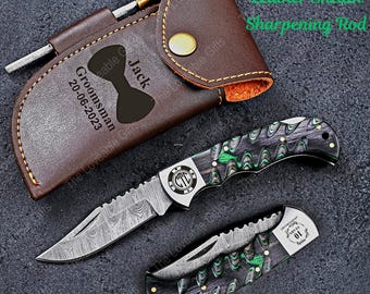 Handmade Custom Damascus Knife Engraved Pocket Knife Wedding Groomsmen Folding Knife Gifts for Him Personalized Anniversary Gift for Husband