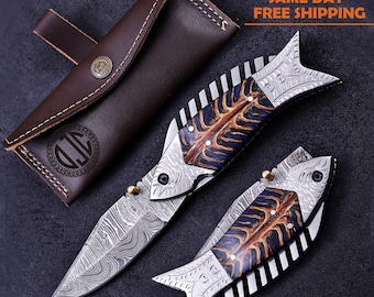 Luxury Damascus Fish Pocket Knife Birthday Gift Personalized Folding Knife Gift for Best Men Anniversary Wedding Groomsmen Gift for Husband