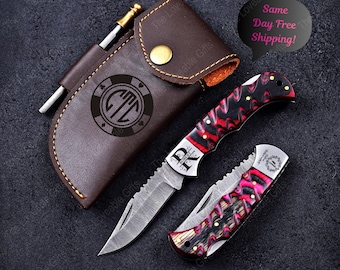 Personalisierte handgemachte Damast Taschenmesser Pink Griff Thanksgiving Geschenk für ihn Klappmesser Trauzeugen 11