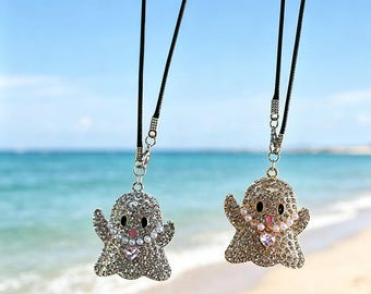 Colgante de coche fantasma con diamantes de imitación, accesorio de coche de Halloween, adorno para coche