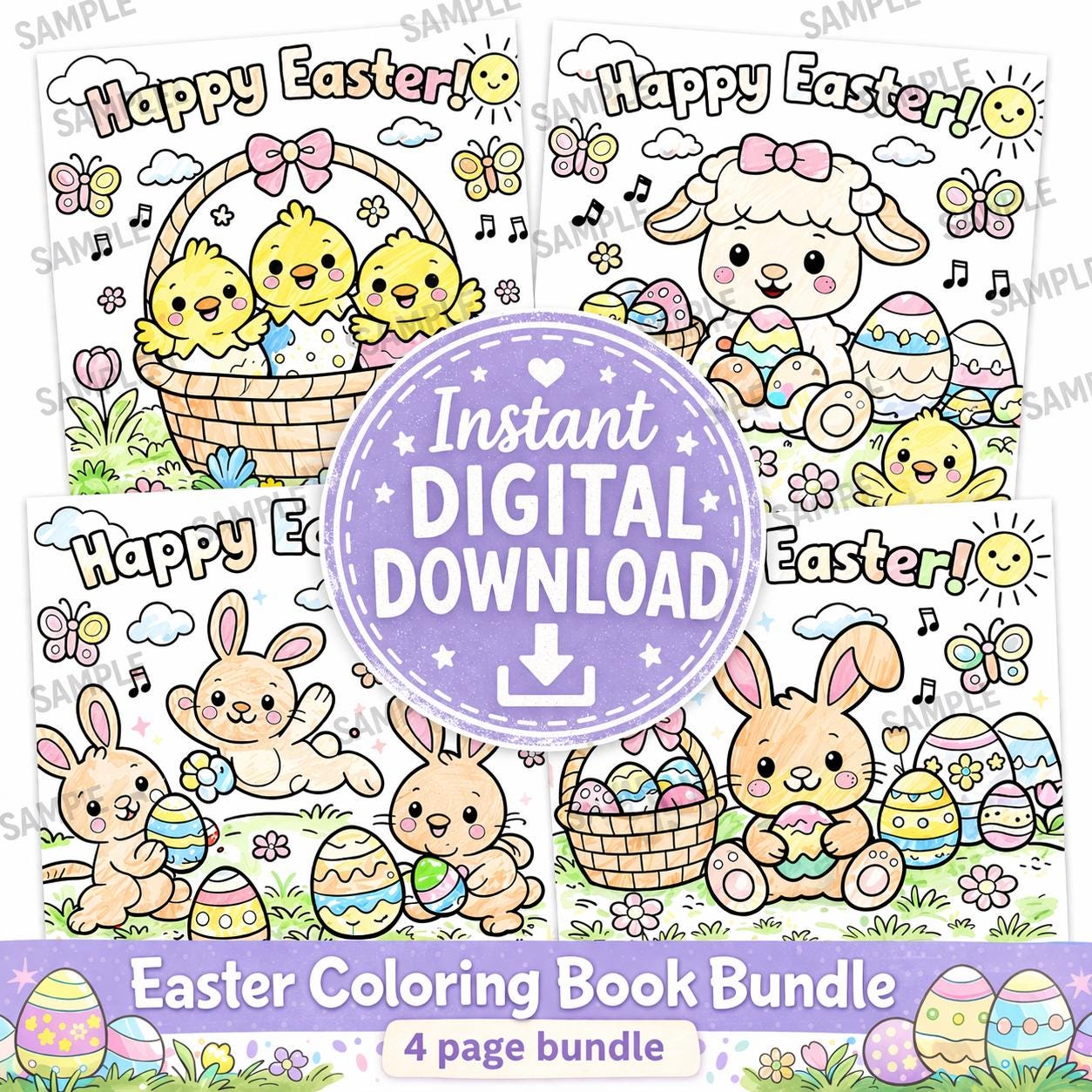 Easter Coloring Pages Bundle for Kids | Bunny, Chick, Eggs (digital ...