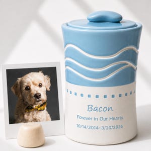 May include: A light blue and white ceramic urn with a lid, featuring embossed wavy lines at the top and a dotted border. The text reads Bacon, Forever in Our Hearts, and 10/14/2014-3/20/2026. A square photograph of a dog with a bow tie is displayed.
