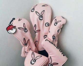 Rabbit Malbon Golf Club Wood Head Covers Driver Fairway Hybrid HeadCovers Blade Mallet Putter Covers PINK