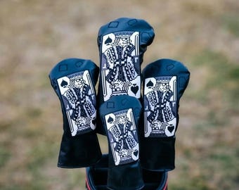 Fundas de cuero para palos de golf, putter y hierros con diseño de cartas de póker.