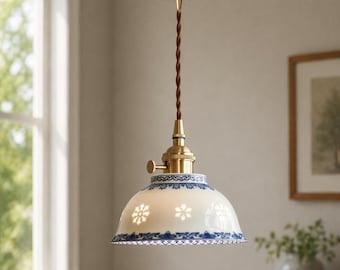 Japandi Ceramic Pendant Light White Copper LED Hanging Lamp for Bedroom Dining Table