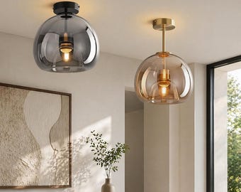 Nordic Cognac Glass Ceiling Light, Minimalist LED Lamp for Living Dining Room