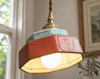 Vintage Ceramic Pendant Light, Hand-Painted Copper LED Lamp for Home Decor