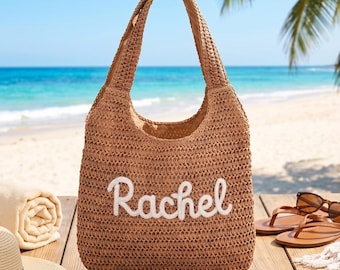 Bolso de playa personalizado para damas de honor, bolso de playa de rafia y paja personalizado, bolso para despedida de soltera, regalo para despedida de soltera