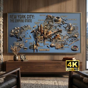 以下が含まれることがあります： 「NEW YORK CITY: THE EMPIRE STATE」のテキストと象徴的なランドマークを備えた、ニューヨーク市の詳細な3Dマップ。 4K Ultra HDロゴ付きの大きな画面に表示されています。 部屋は居心地の良いモダンなデザインです。