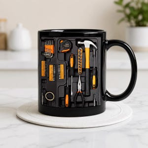 May include: Black ceramic mug featuring a toolbox design. The mug showcases a detailed illustration of various tools, including a hammer, screwdriver, and wrench, in orange and black. The mug has a large handle and sits on a white coaster.